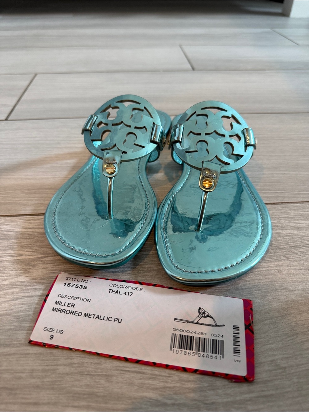 Tory Burch Miller Mirrored Metallic Sandal- Teal Color - Picture 2 of 6